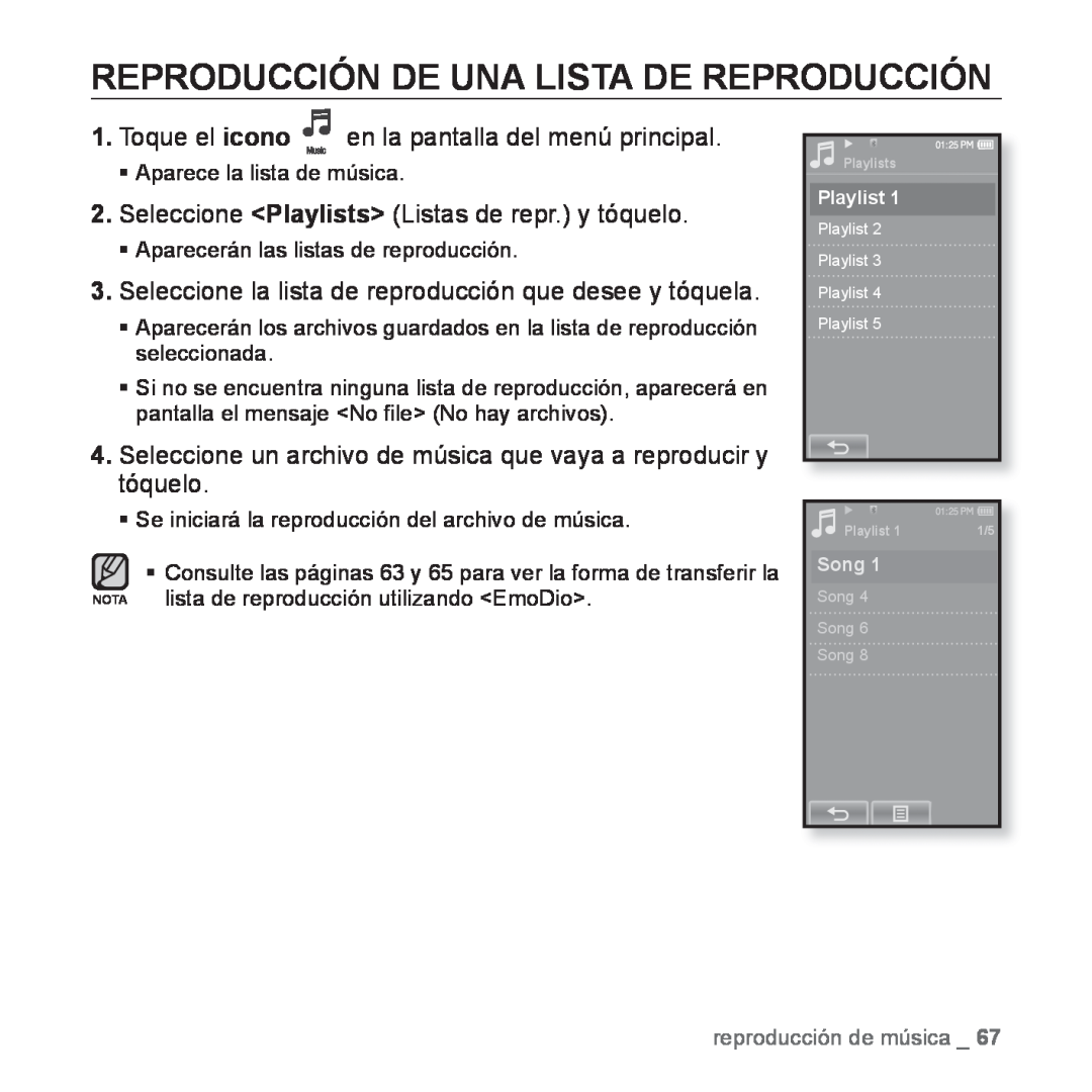 Samsung YP-P2AB/MEA manual Reproducción De Una Lista De Reproducción, Seleccione Playlists Listas de repr. y tóquelo 