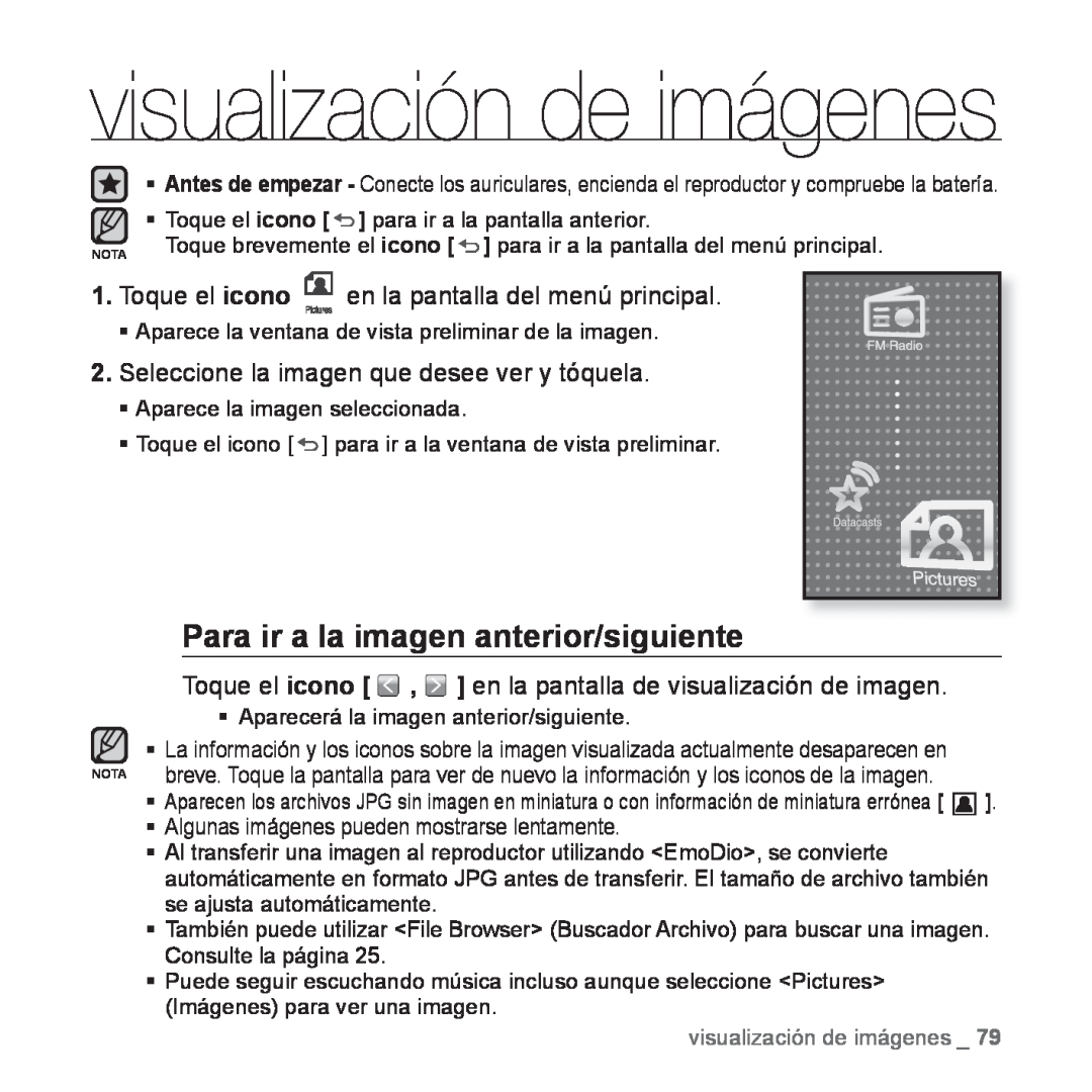 Samsung YP-P2AB/MEA manual Para ir a la imagen anterior/siguiente, Seleccione la imagen que desee ver y tóquela 