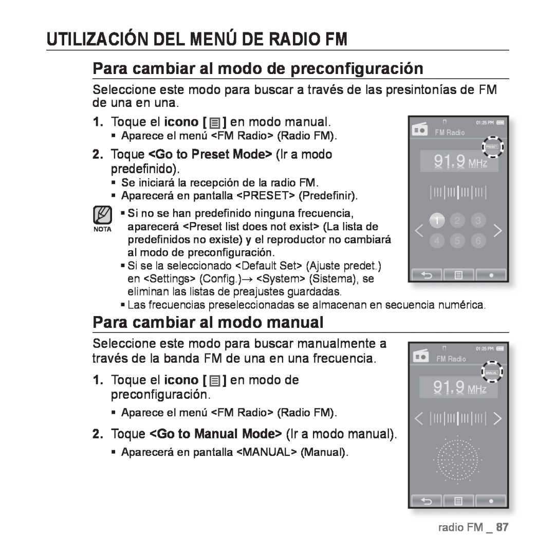 Samsung YP-P2AB/MEA Utilización Del Menú De Radio Fm, Para cambiar al modo de preconﬁguración, Para cambiar al modo manual 