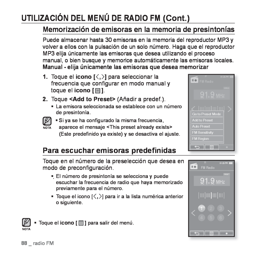 Samsung YP-P2AB/MEA manual UTILIZACIÓN DEL MENÚ DE RADIO FM Cont, Memorización de emisoras en la memoria de presintonías 
