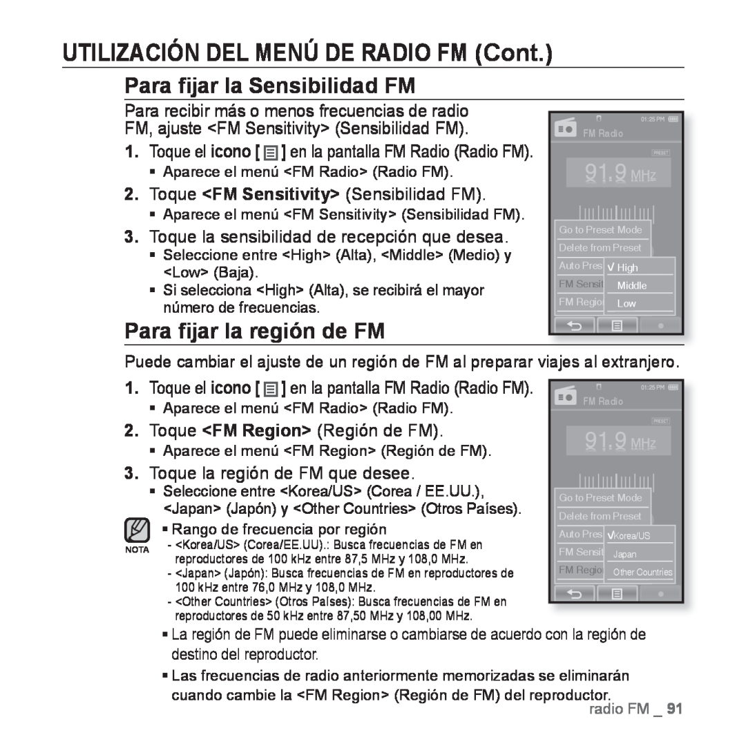 Samsung YP-P2AB/MEA manual Para ﬁjar la Sensibilidad FM, Para ﬁjar la región de FM, Toque FM Sensitivity Sensibilidad FM 