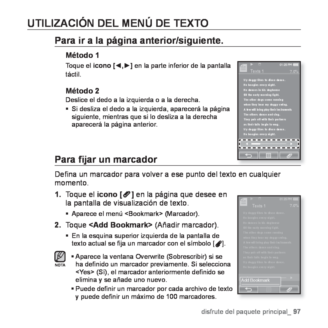 Samsung YP-P2AB/MEA manual Utilización Del Menú De Texto, Para ir a la página anterior/siguiente, Para ﬁjar un marcador 