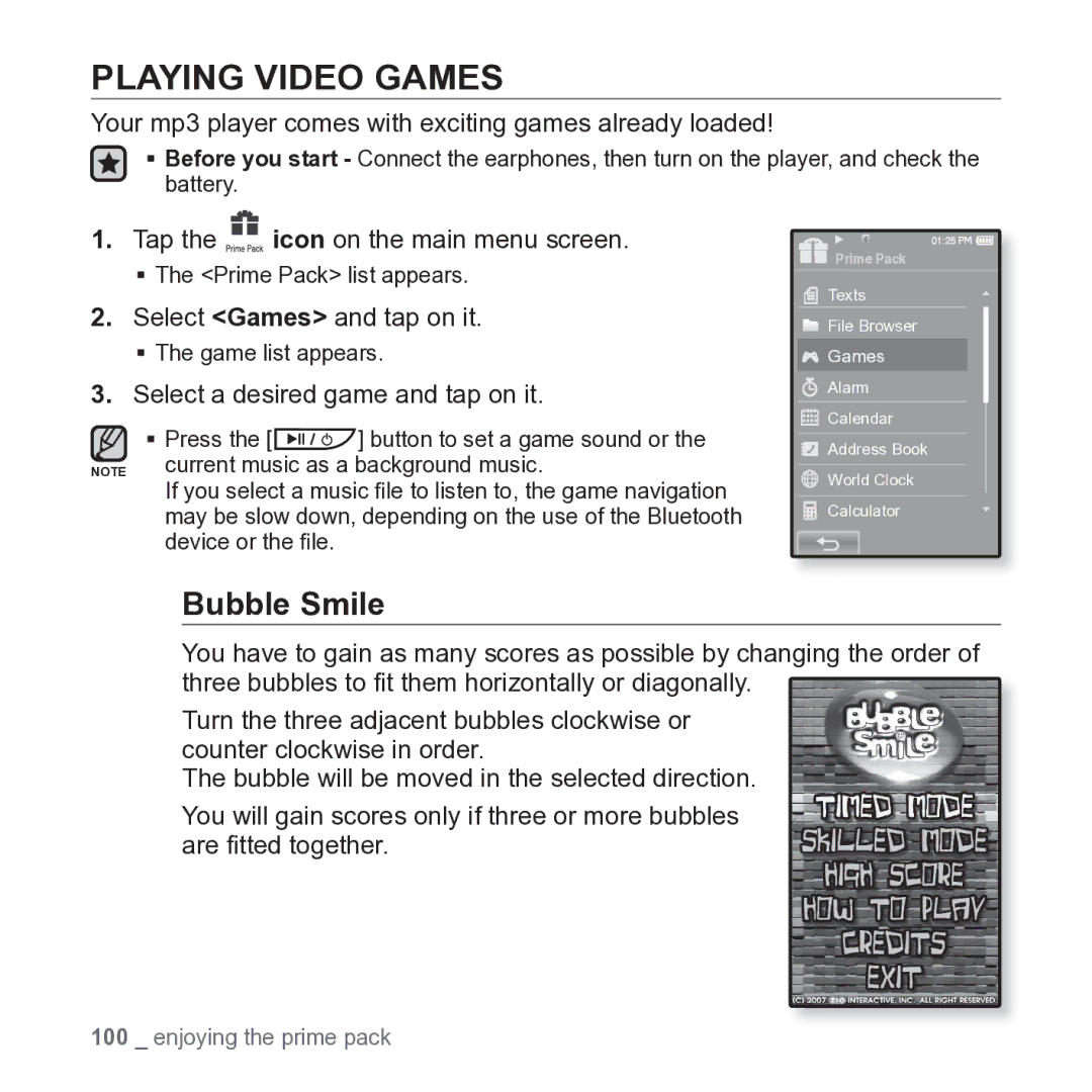 Samsung YP-P2JARY user manual Playing Video Games, Bubble Smile, Your mp3 player comes with exciting games already loaded 