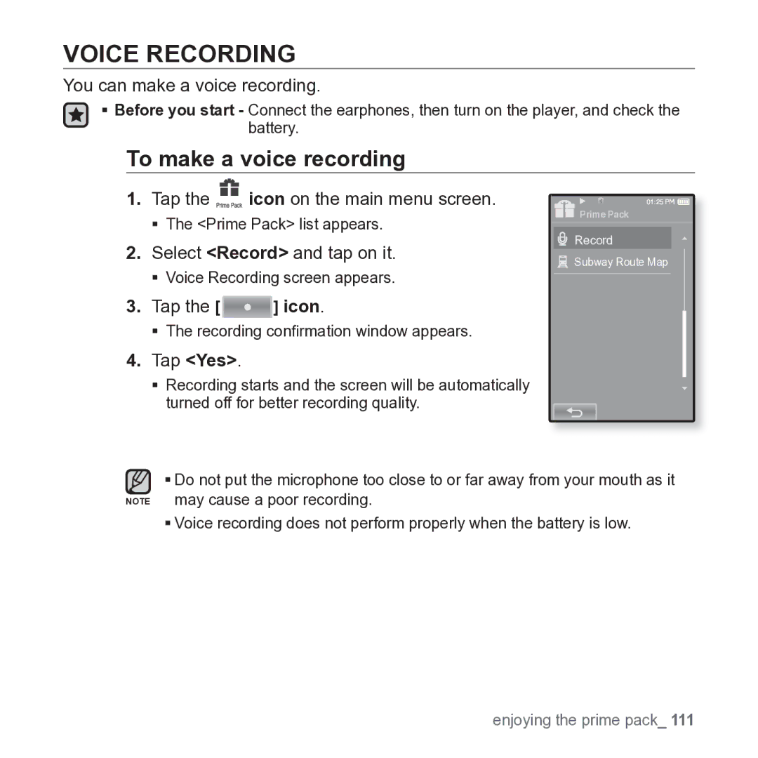 Samsung YP-P2JARY Voice Recording, To make a voice recording, You can make a voice recording, Select Record and tap on it 