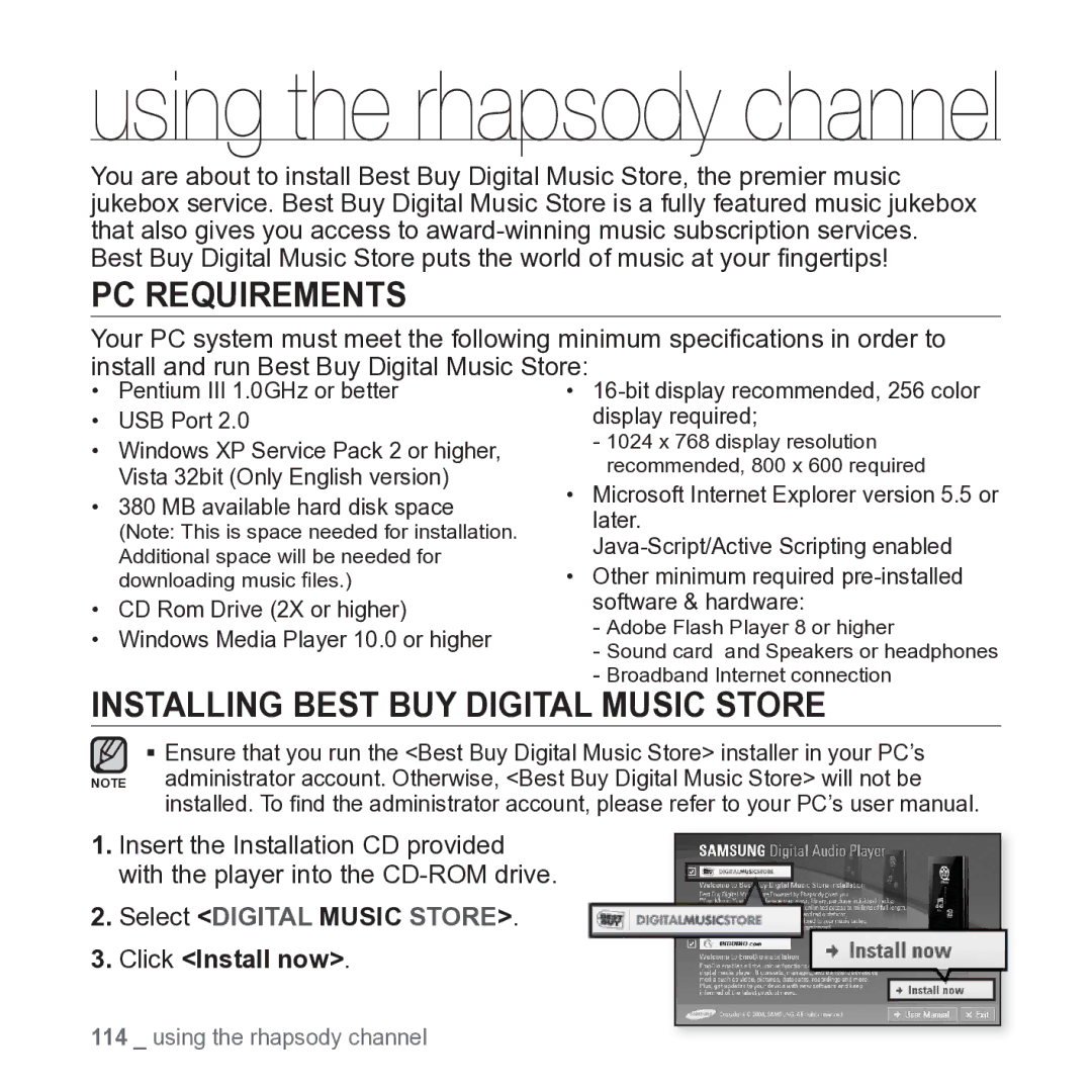 Samsung YP-P2JARY user manual Installing Best BUY Digital Music Store, Click Install now 