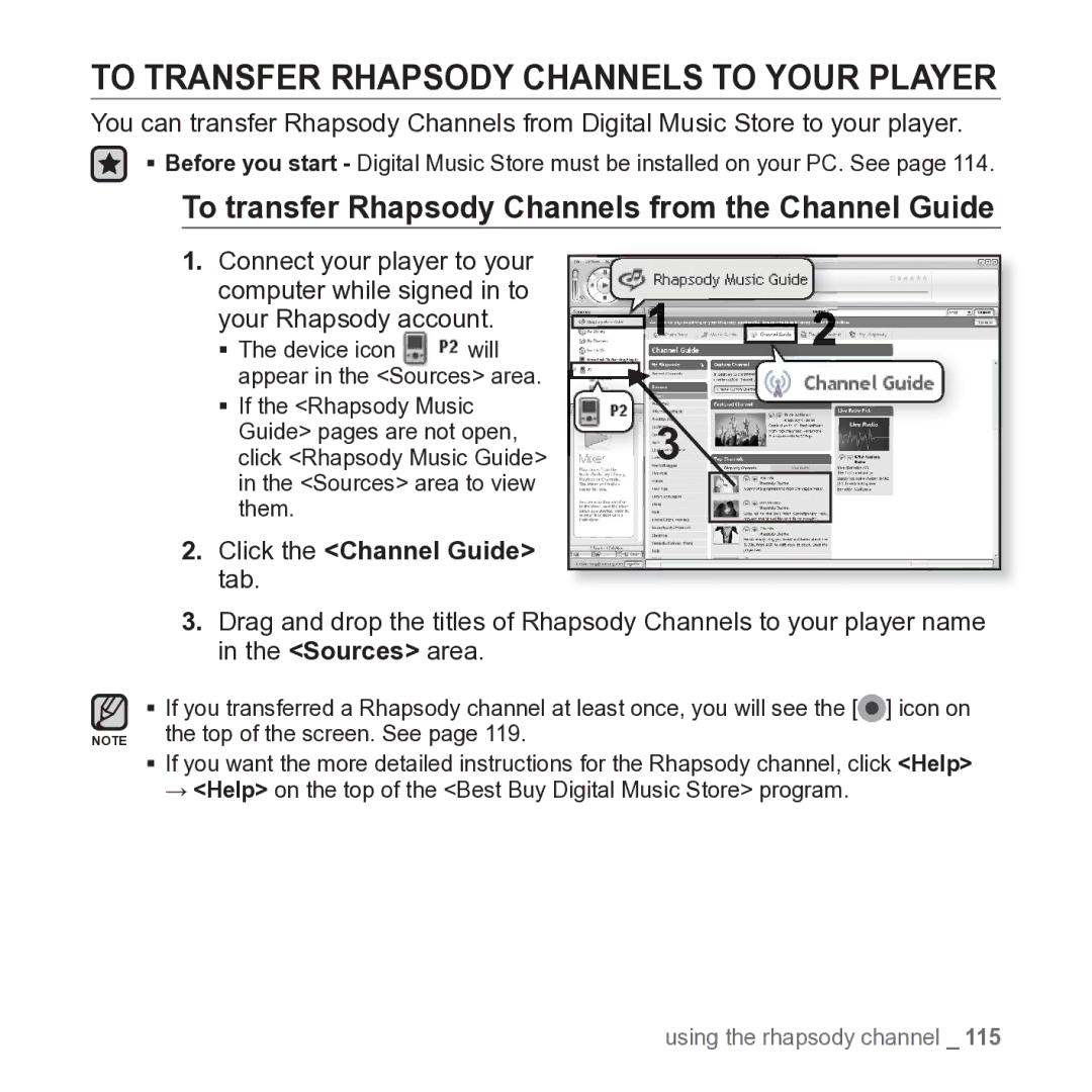 Samsung YP-P2JARY To Transfer Rhapsody Channels to Your Player, To transfer Rhapsody Channels from the Channel Guide 