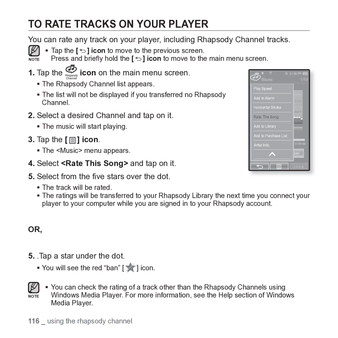 Samsung YP-P2JARY To Rate Tracks on Your Player, Select a desired Channel and tap on it, Tap a star under the dot 