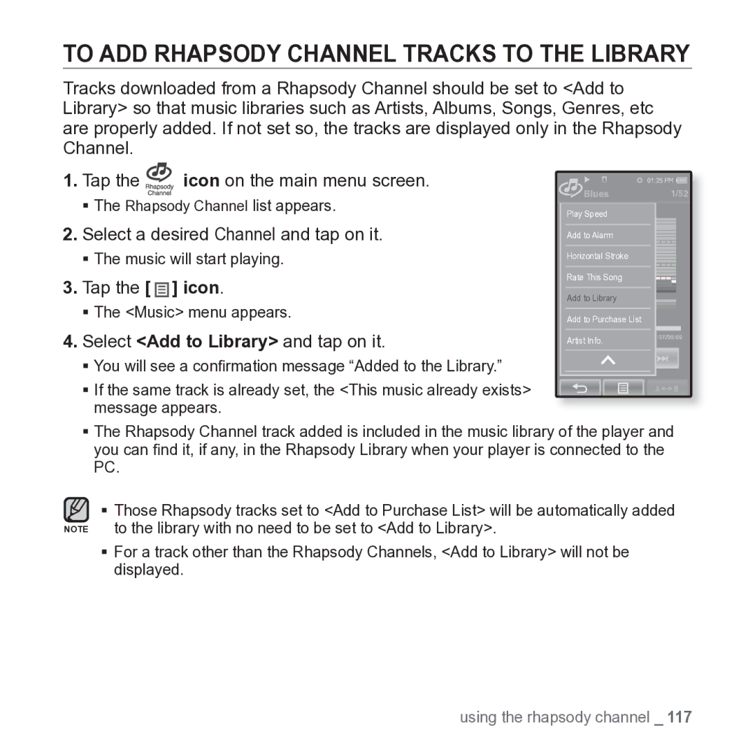 Samsung YP-P2JARY user manual GSelect a desired Channel and tap on it, Select Add to Library and tap on it 