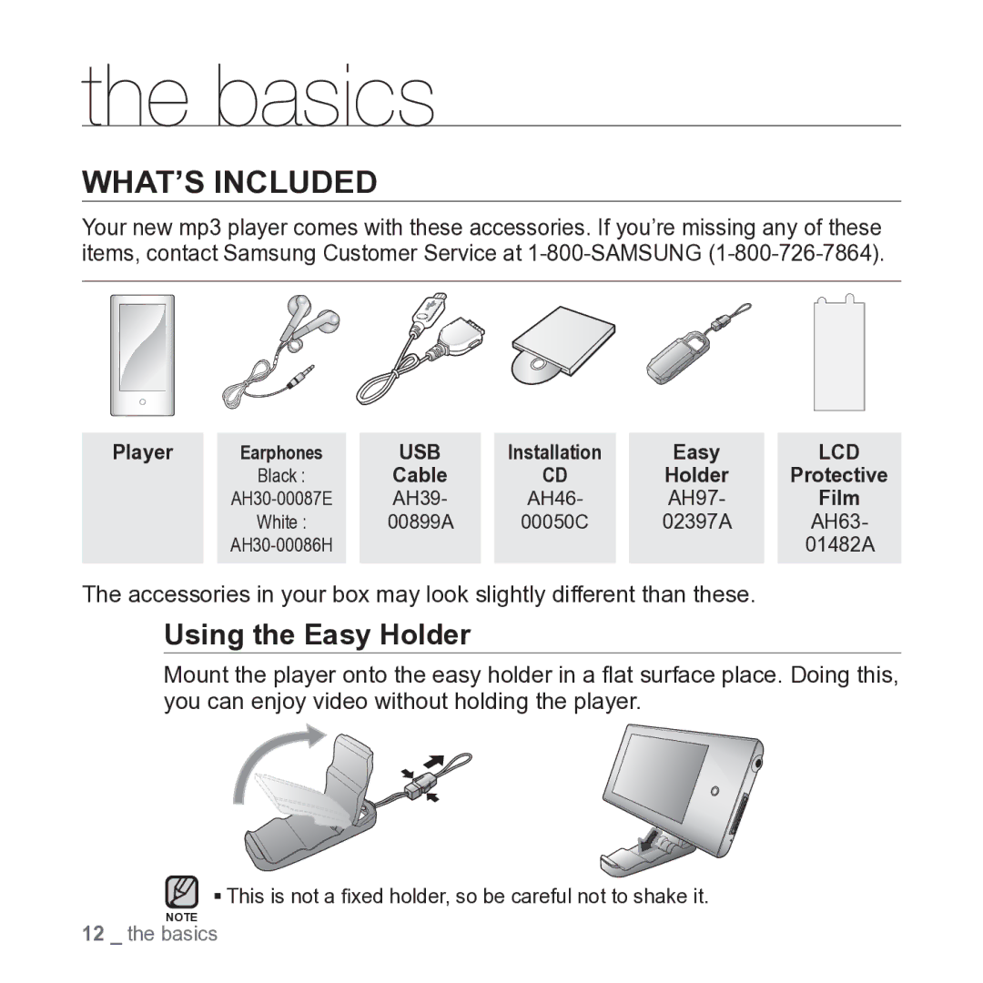 Samsung YP-P2JARY user manual Basics, WHAT’S Included, Using the Easy Holder 