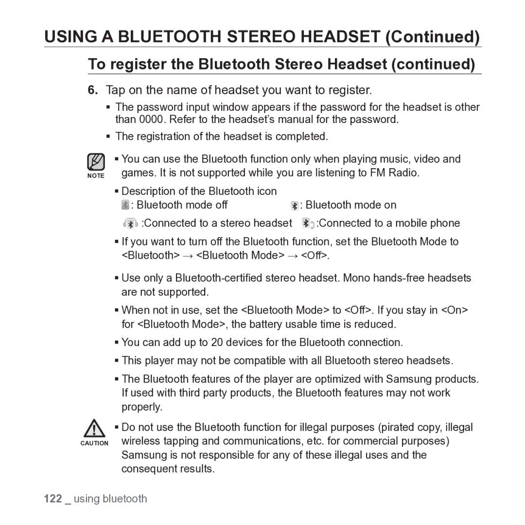 Samsung YP-P2JARY user manual Using a Bluetooth Stereo Headset, Tap on the name of headset you want to register 