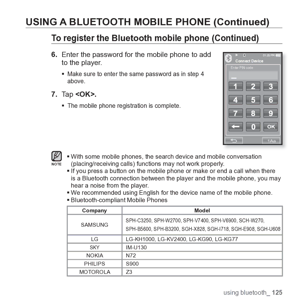 Samsung YP-P2JARY user manual Using a Bluetooth Mobile Phone, Enter the password for the mobile phone to add to the player 