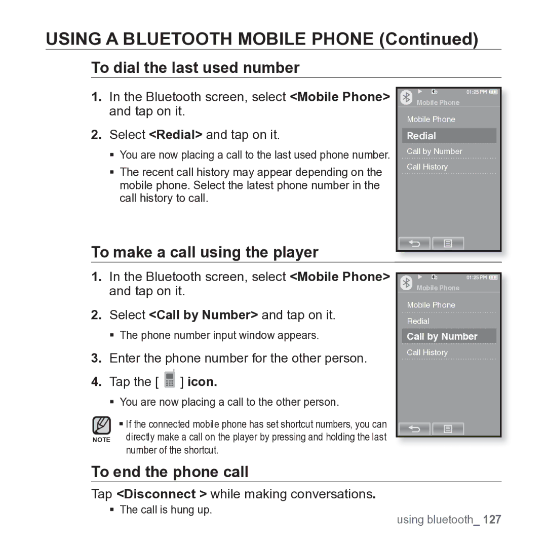 Samsung YP-P2JARY user manual To dial the last used number, To make a call using the player, To end the phone call 