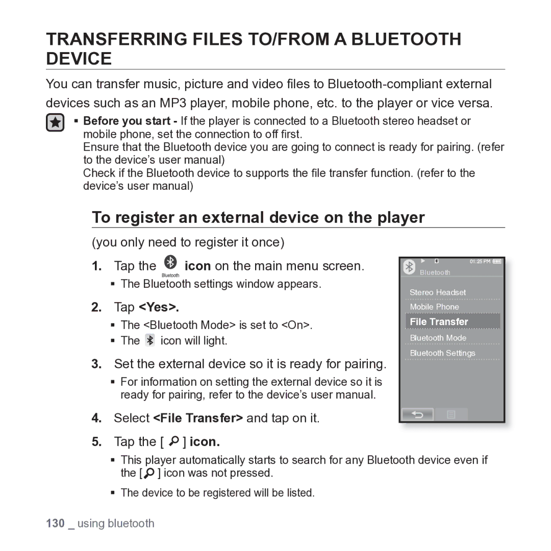 Samsung YP-P2JARY user manual Transferring Files TO/FROM a Bluetooth Device, To register an external device on the player 