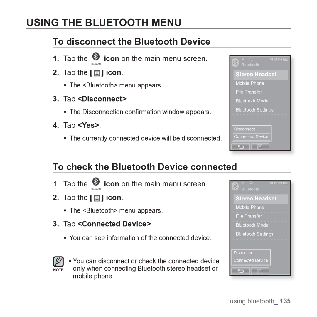 Samsung YP-P2JARY Using the Bluetooth Menu, To disconnect the Bluetooth Device, To check the Bluetooth Device connected 