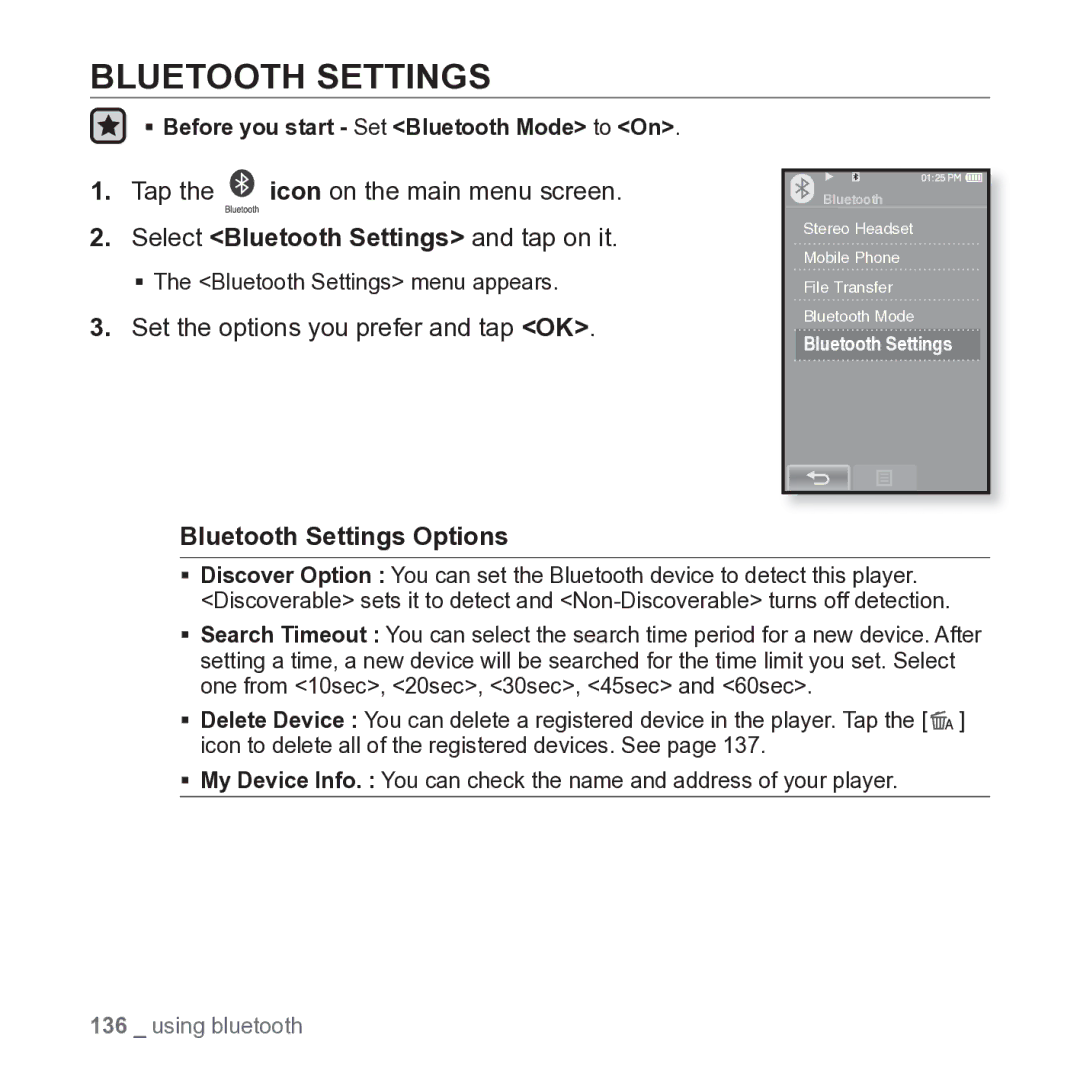 Samsung YP-P2JARY user manual Bluetooth Settings Options 