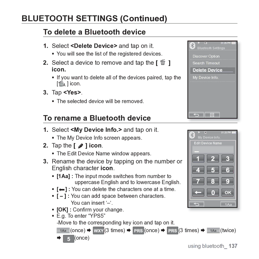 Samsung YP-P2JARY user manual Bluetooth Settings, To delete a Bluetooth device, To rename a Bluetooth device 