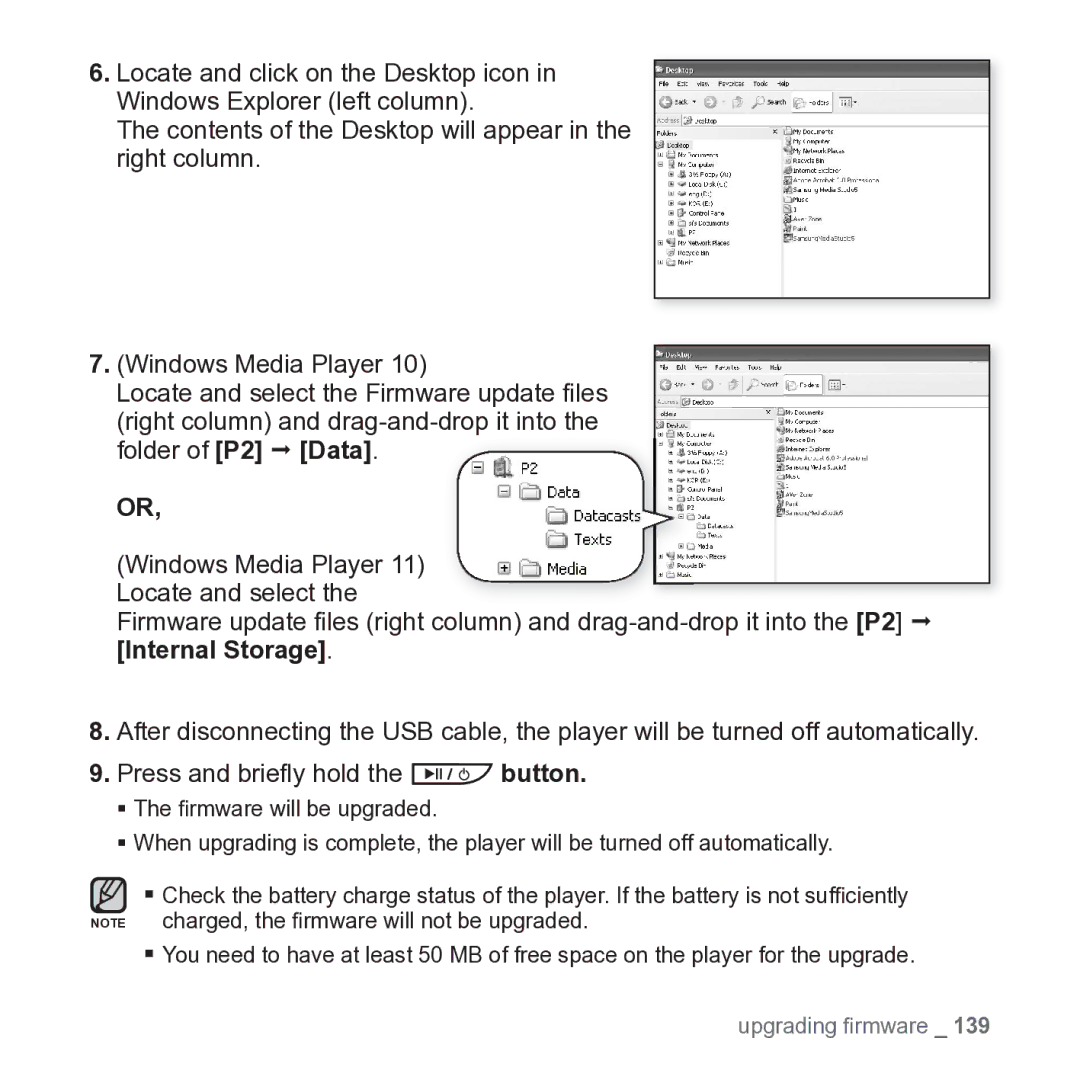 Samsung YP-P2JARY user manual Upgrading ﬁrmware 