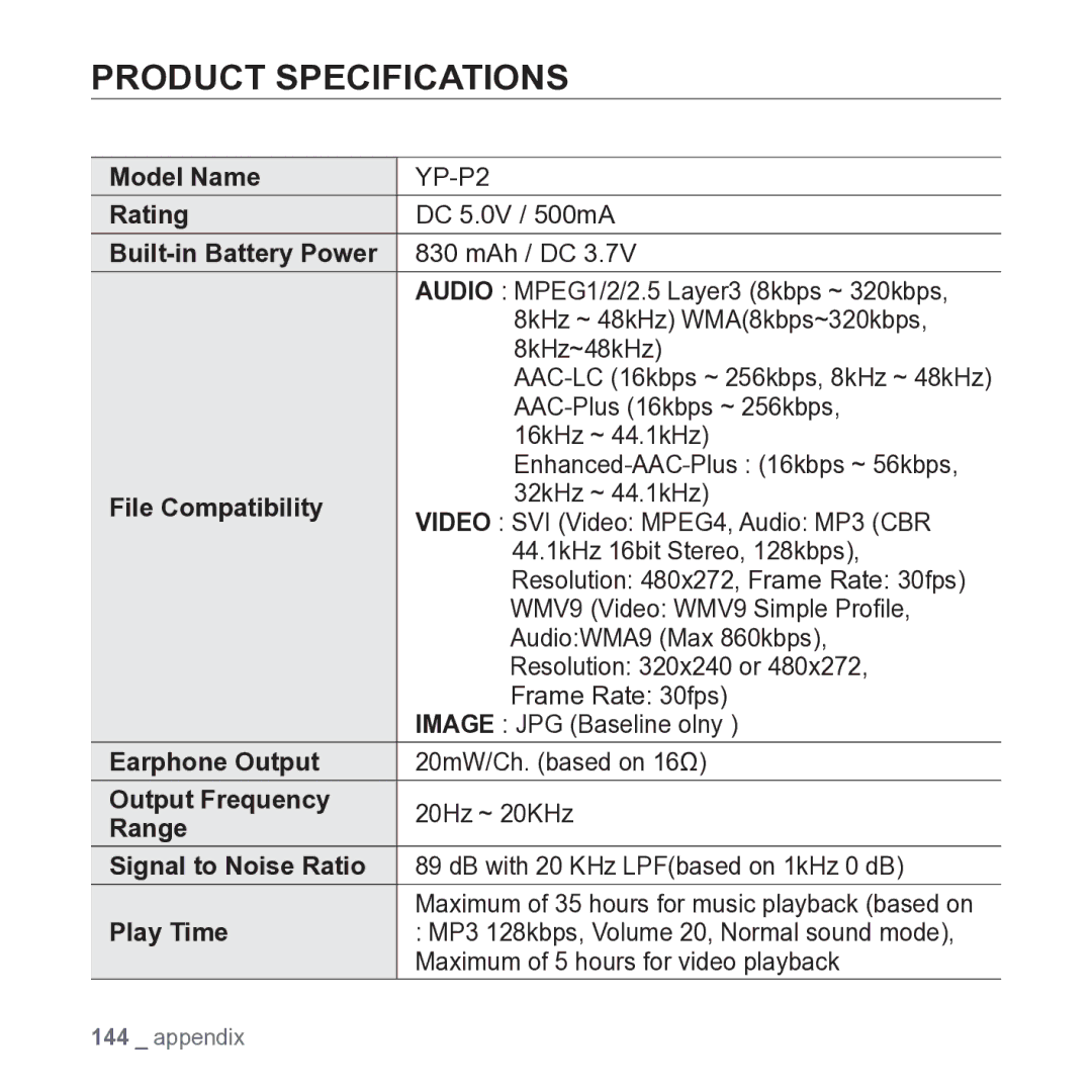 Samsung YP-P2JARY user manual Product Specifications 