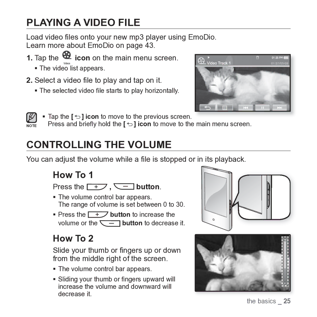 Samsung YP-P2JARY user manual Playing a Video File, Controlling the Volume, Select a video ﬁle to play and tap on it 