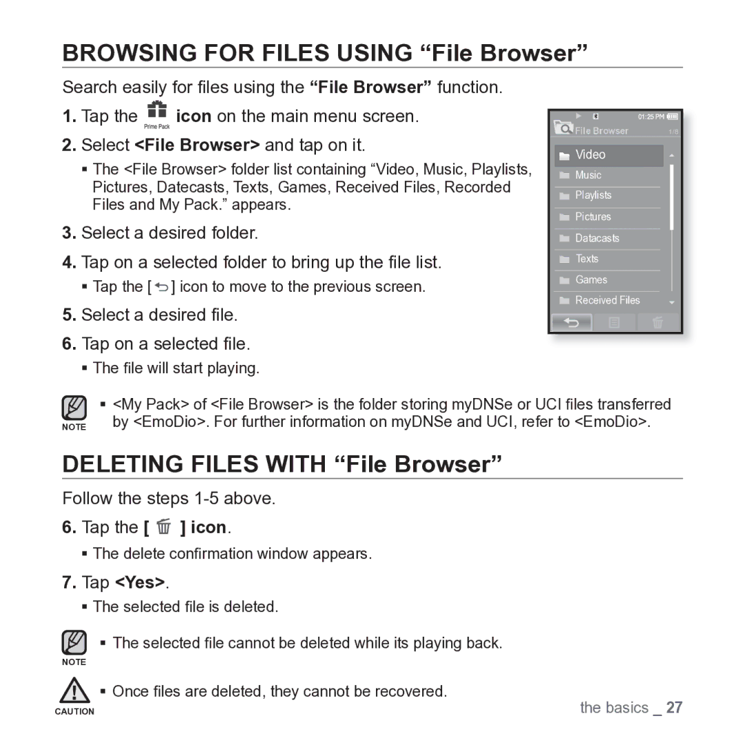 Samsung YP-P2JARY user manual Browsing for Files Using File Browser, Deleting Files with File Browser, Tap Yes 