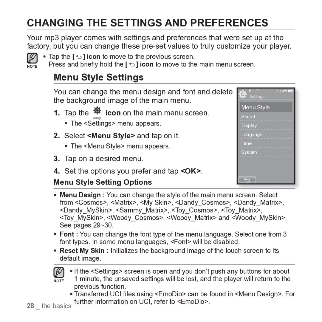 Samsung YP-P2JARY user manual Changing the Settings and Preferences, Menu Style Settings, Select Menu Style and tap on it 