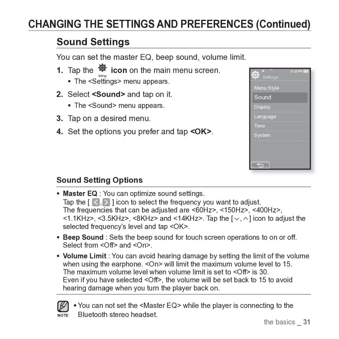 Samsung YP-P2JARY user manual Sound Settings, Select Sound and tap on it, Sound Setting Options 