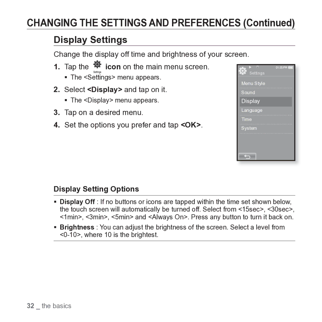 Samsung YP-P2JARY Display Settings, Select Display and tap on it, Tap on a desired menu, Display Setting Options 