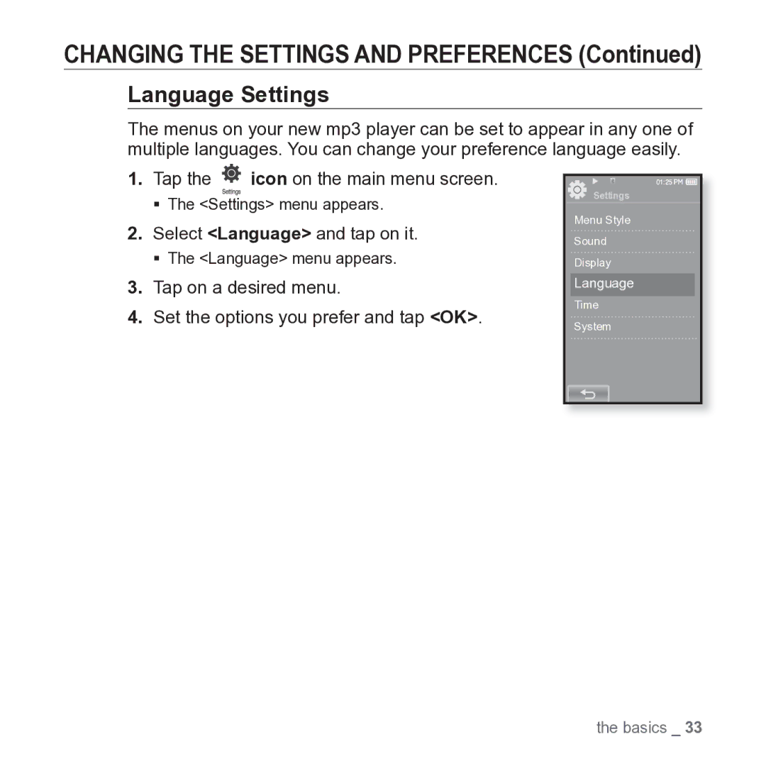 Samsung YP-P2JARY user manual Language Settings, Select Language and tap on it 