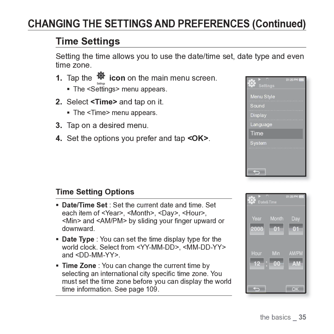 Samsung YP-P2JARY user manual Time Settings, Select Time and tap on it, Time Setting Options 