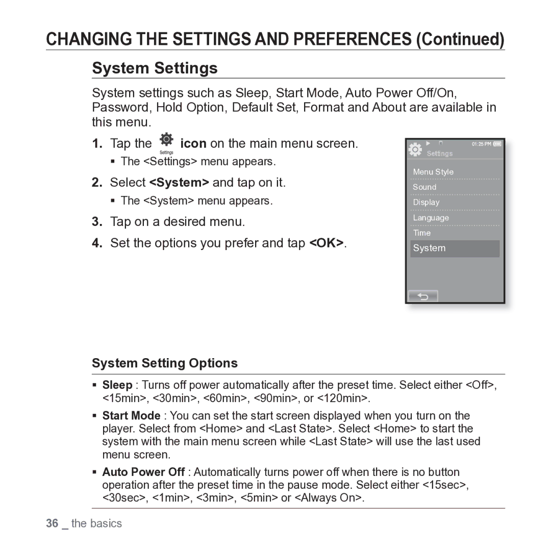 Samsung YP-P2JARY user manual System Settings, Select System and tap on it, System Setting Options 