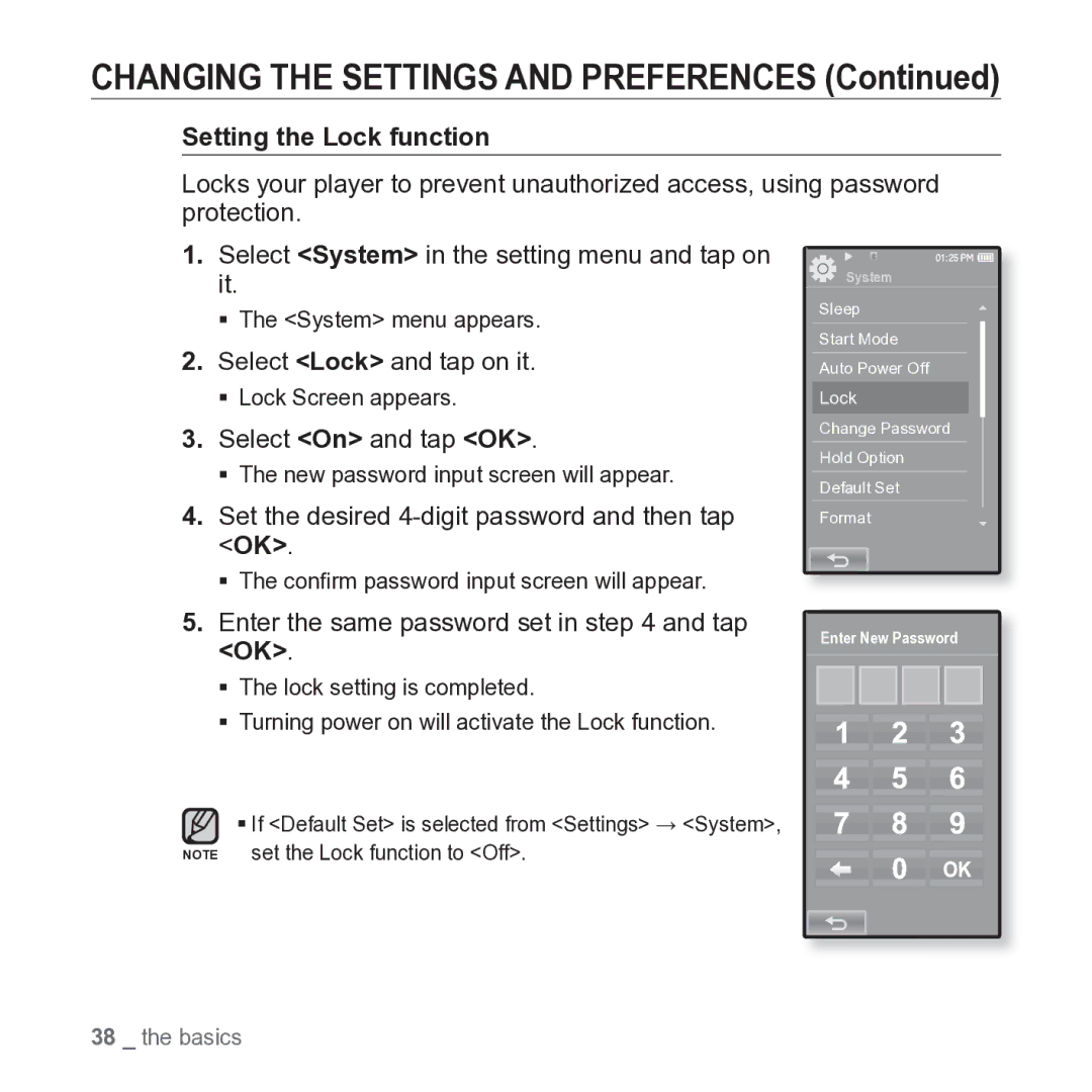 Samsung YP-P2JARY user manual Setting the Lock function, Select Lock and tap on it, Select On and tap OK 