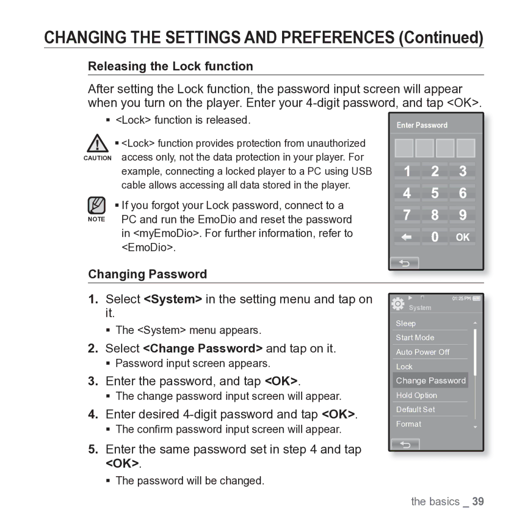 Samsung YP-P2JARY user manual Releasing the Lock function, Changing Password, Select Change Password and tap on it 