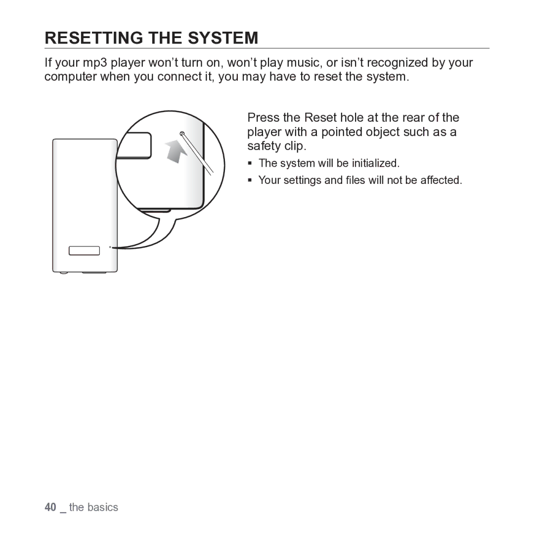 Samsung YP-P2JARY user manual Resetting the System 