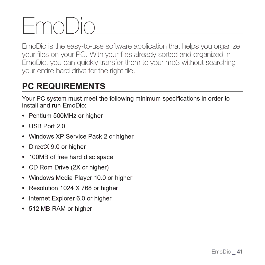 Samsung YP-P2JARY user manual EmoDio, PC Requirements 