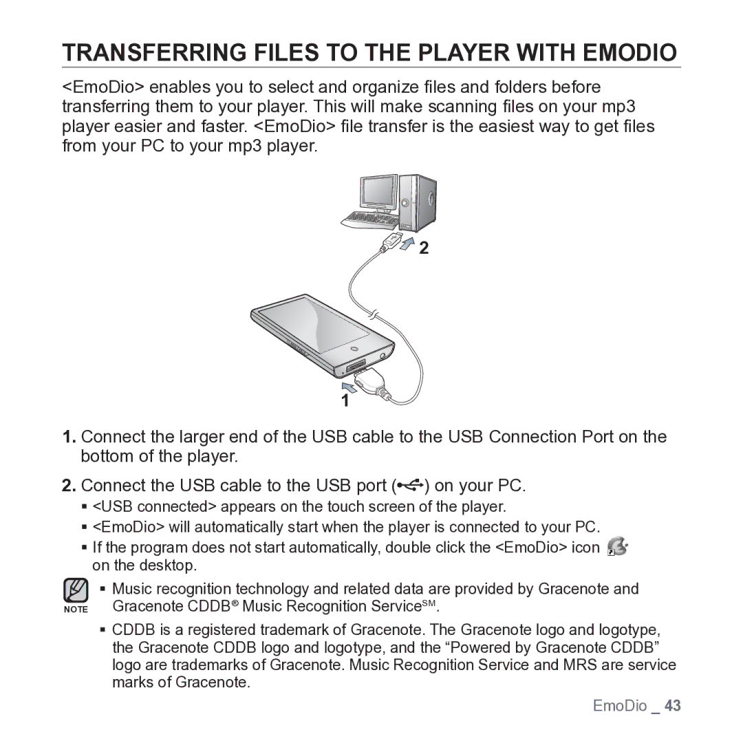 Samsung YP-P2JARY user manual Transferring Files to the Player with Emodio 