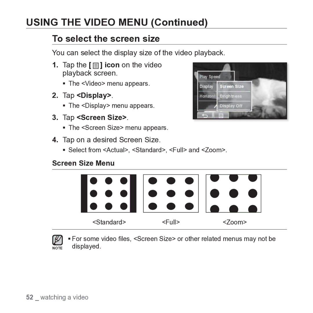 Samsung YP-P2JARY To select the screen size, Tap Display, Tap Screen Size, Tap on a desired Screen Size, Screen Size Menu 