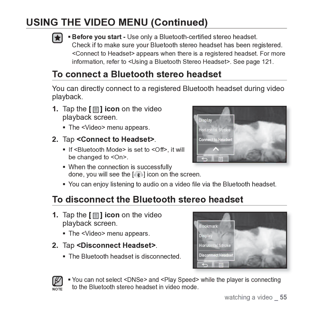 Samsung YP-P2JARY user manual To connect a Bluetooth stereo headset, To disconnect the Bluetooth stereo headset 