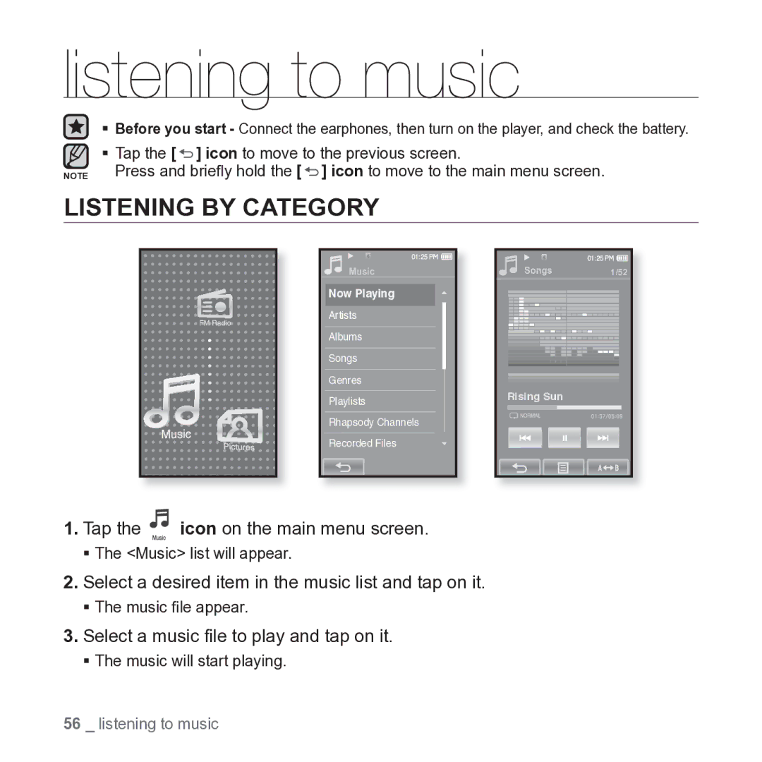 Samsung YP-P2JARY Listening to music, Listening by Category, Select a desired item in the music list and tap on it 