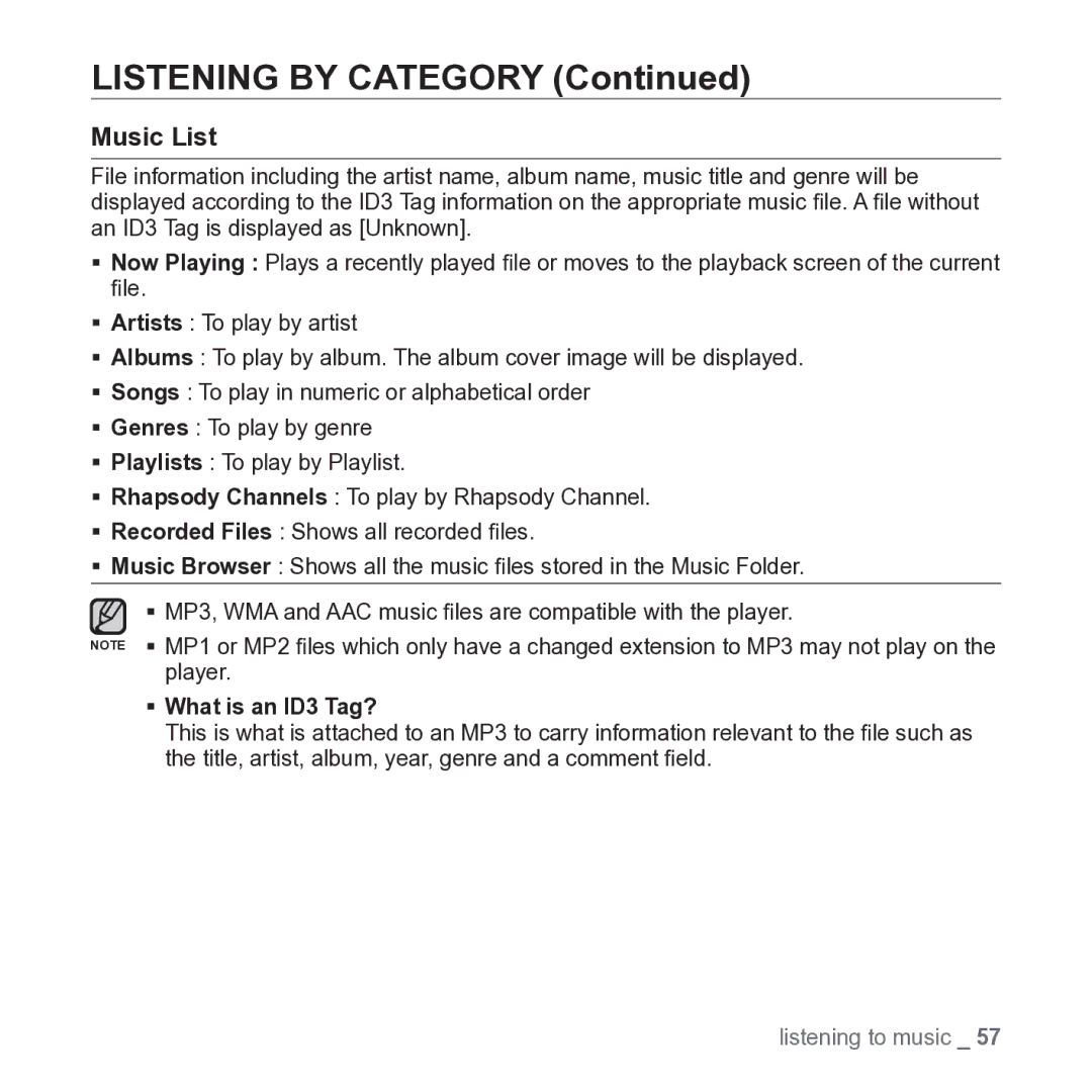 Samsung YP-P2JARY user manual Listening by Category, Music List 