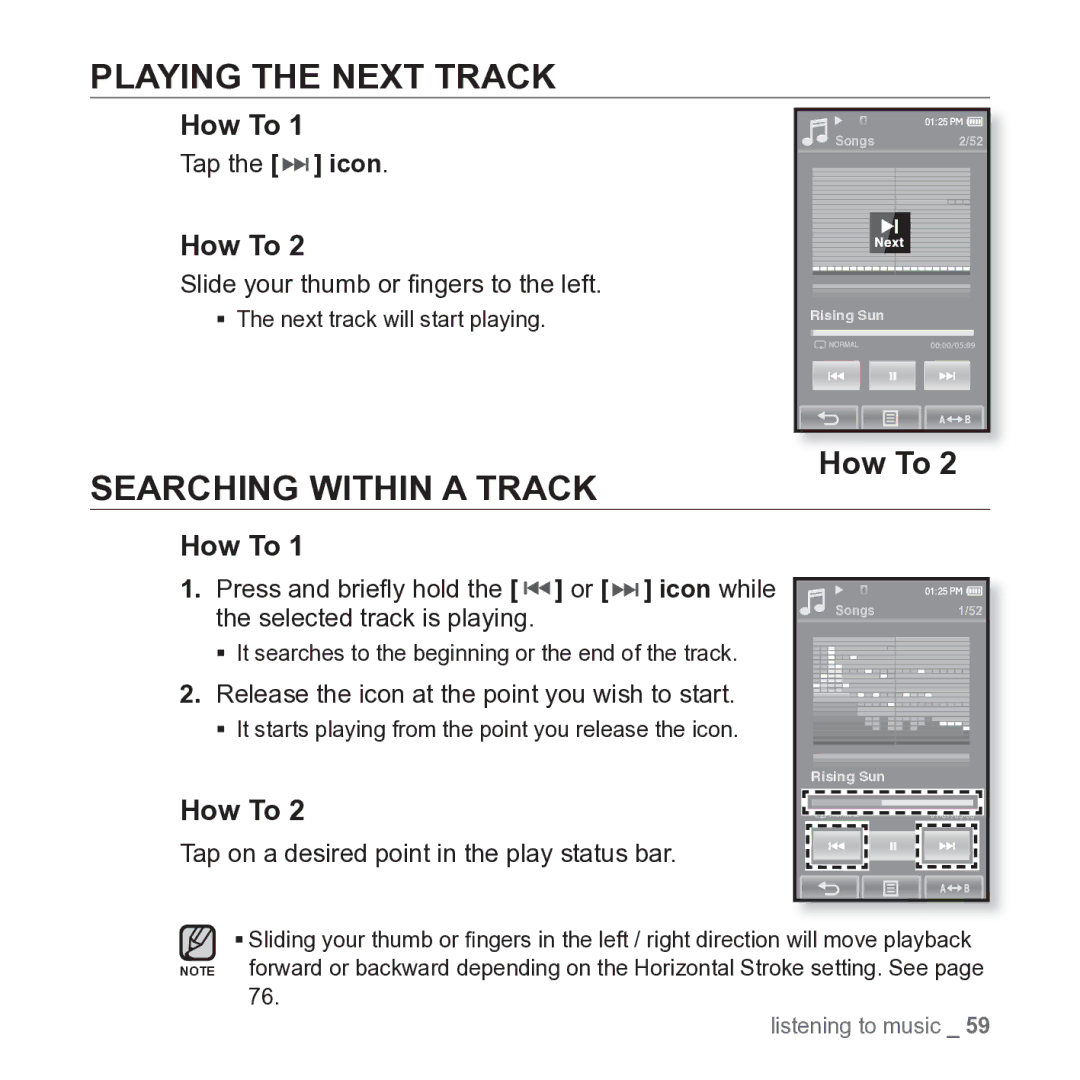 Samsung YP-P2JARY Playing the Next Track, Searching Within a Track, Release the icon at the point you wish to start 