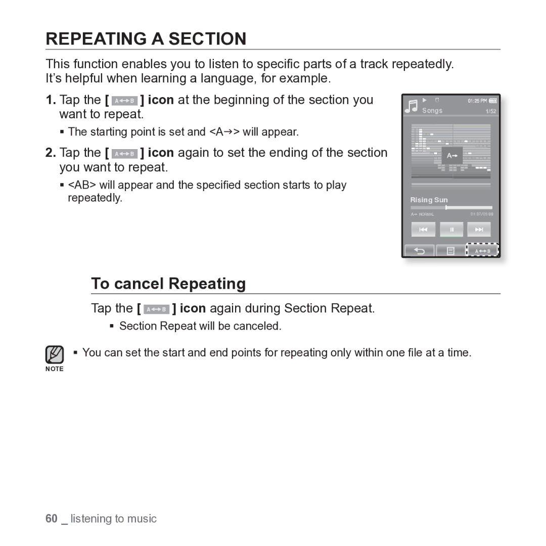 Samsung YP-P2JARY user manual Repeating a Section, To cancel Repeating, Tap the icon again during Section Repeat 