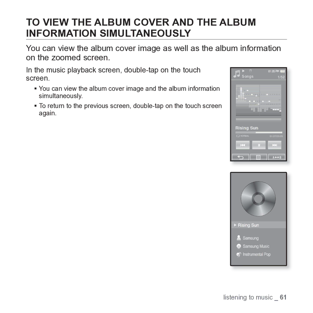 Samsung YP-P2JARY user manual Music playback screen, double-tap on the touch screen 