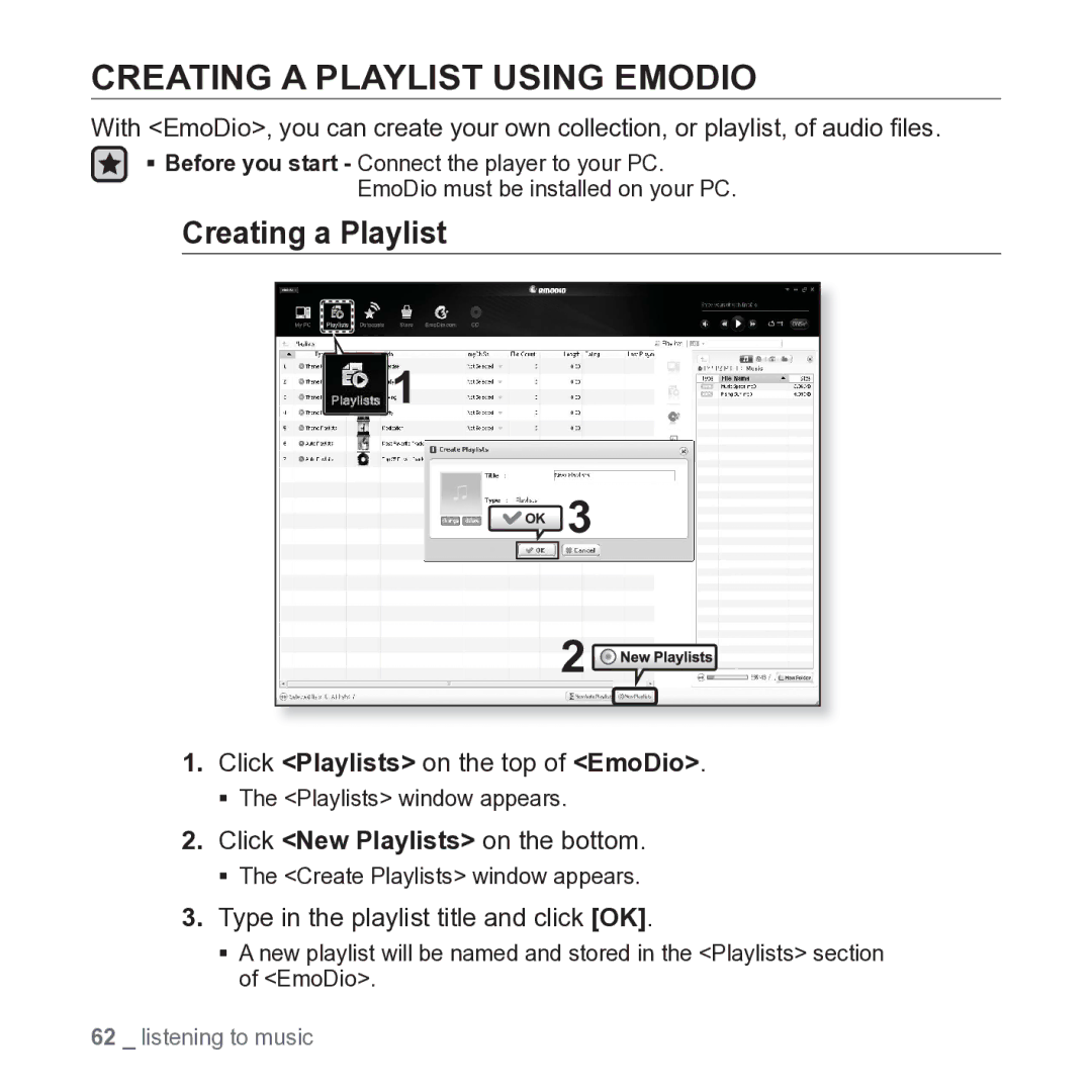 Samsung YP-P2JARY user manual Creating a Playlist Using Emodio, Click Playlists on the top of EmoDio 