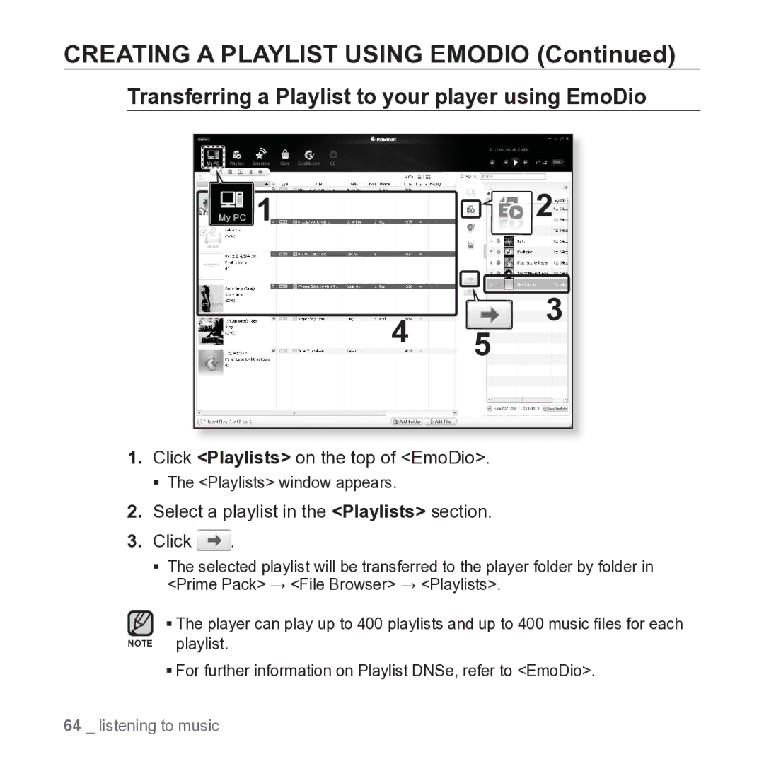 Samsung YP-P2JARY Transferring a Playlist to your player using EmoDio, Select a playlist in the Playlists section Click 