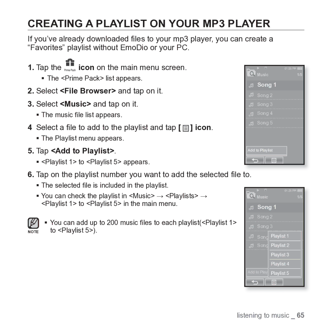 Samsung YP-P2JARY user manual Creating a Playlist on Your MP3 Player, Select a ﬁle to add to the playlist and tap icon 