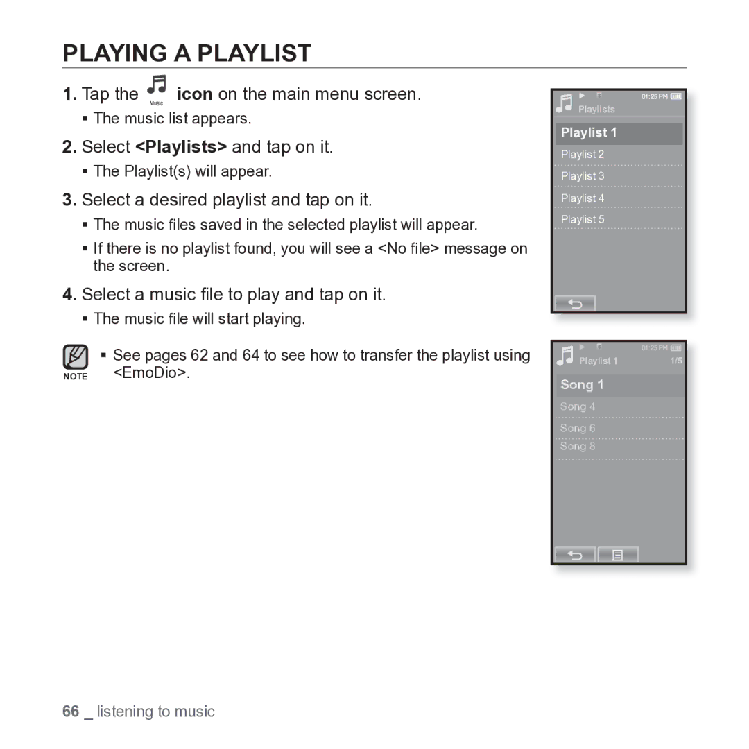 Samsung YP-P2JARY user manual Playing a Playlist, Select Playlists and tap on it, GSelect a desired playlist and tap on it 