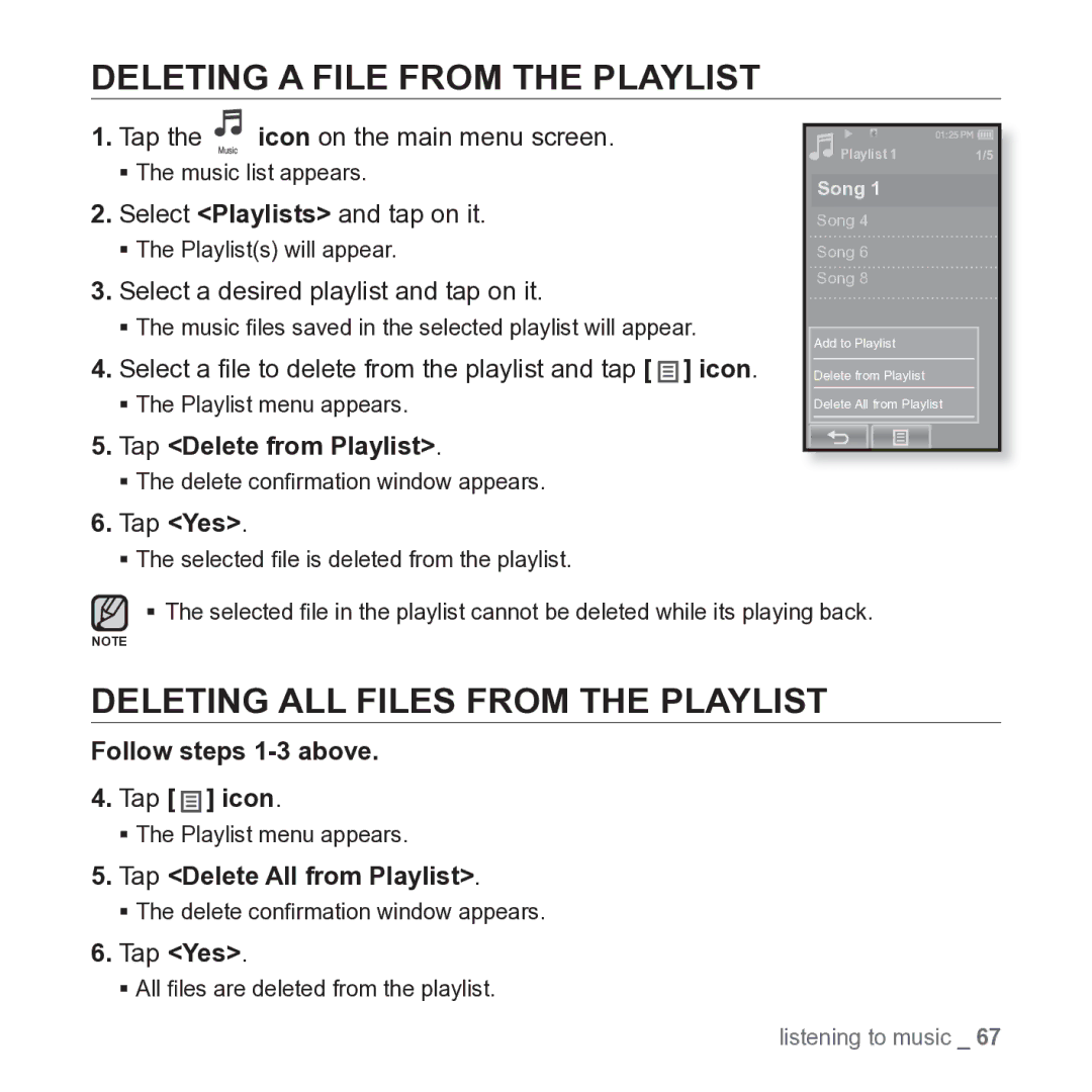 Samsung YP-P2JARY Deleting a File from the Playlist, Deleting ALL Files from the Playlist, Tap Delete from Playlist 