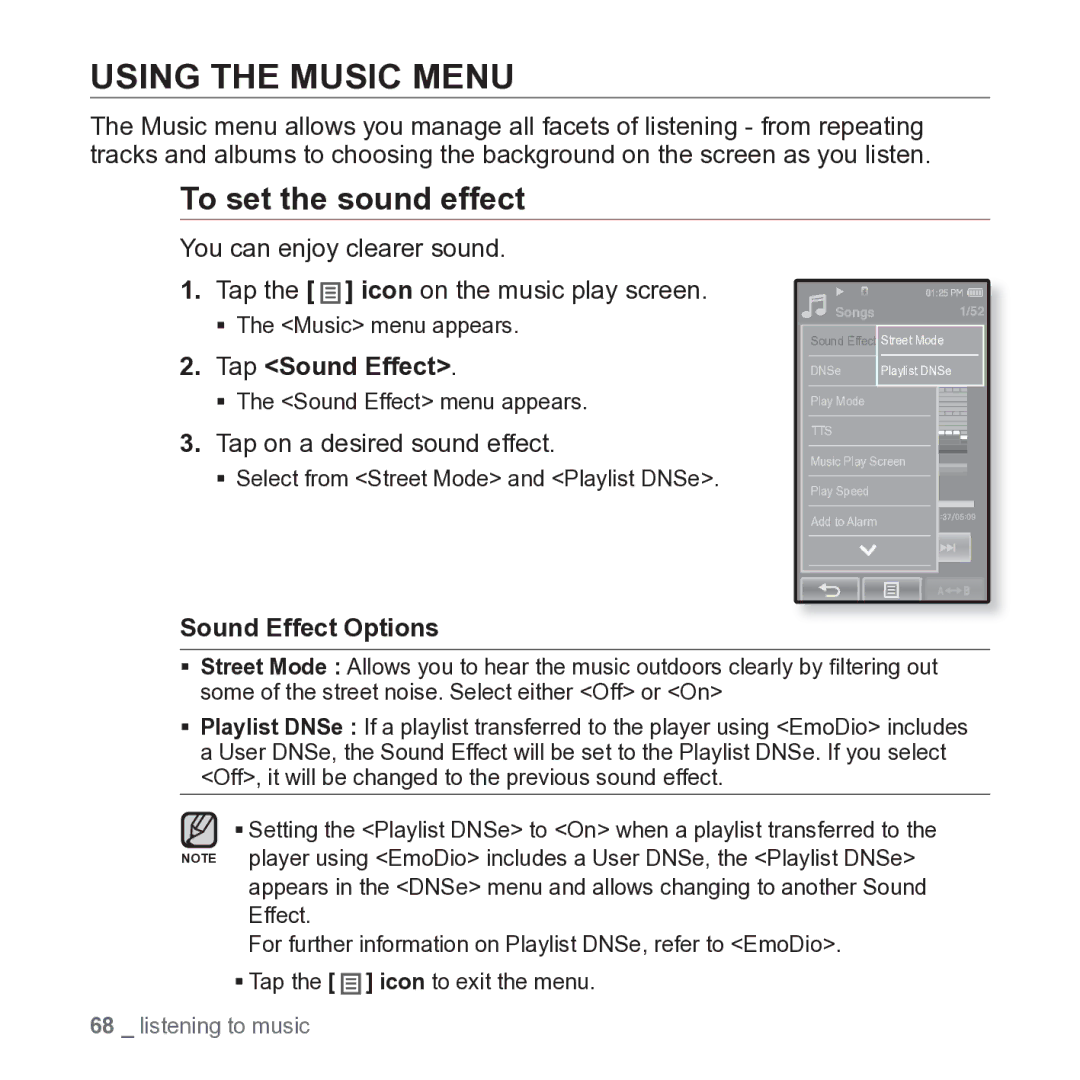 Samsung YP-P2JARY Using the Music Menu, To set the sound effect, Tap Sound Effect, Tap on a desired sound effect 