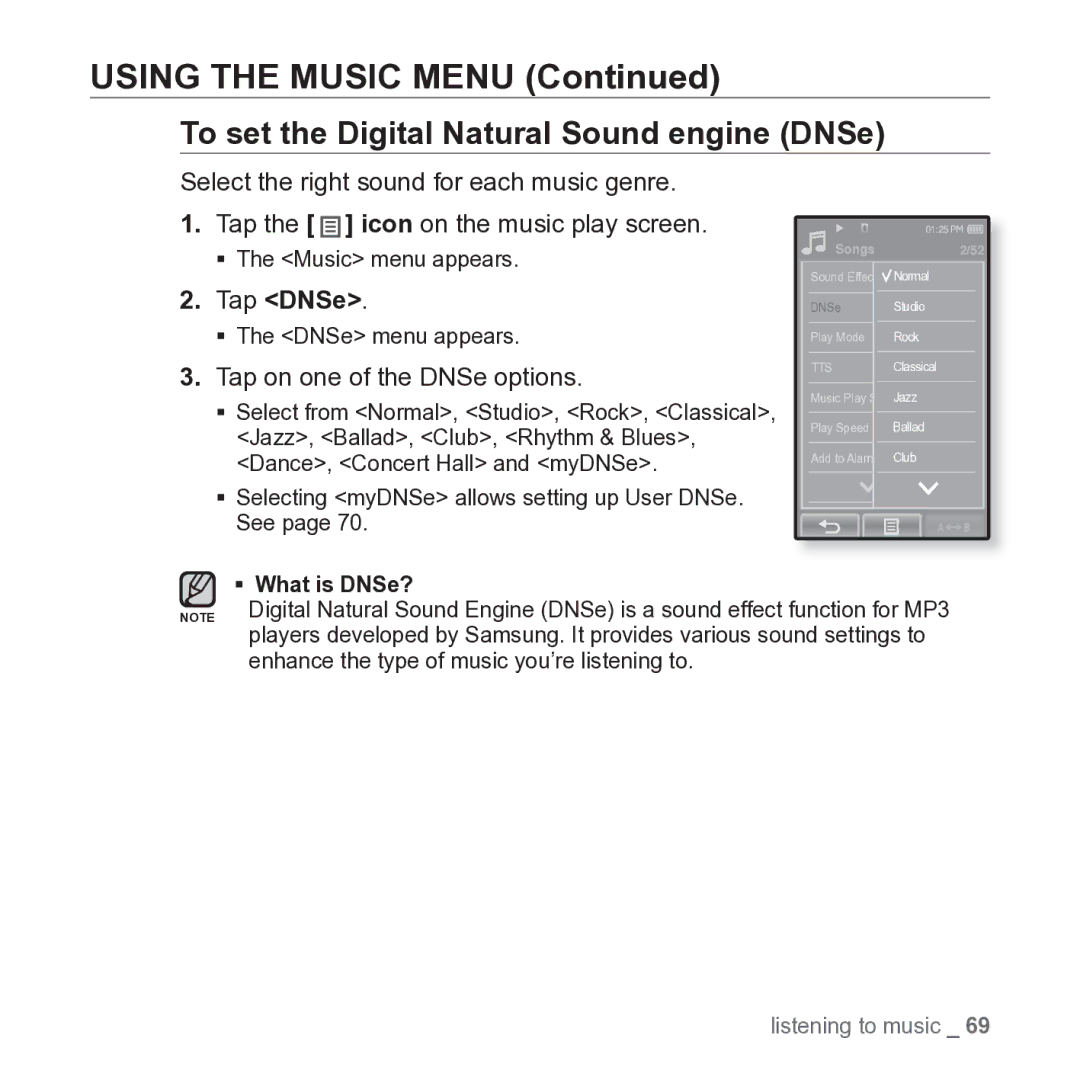 Samsung YP-P2JARY user manual Using the Music Menu, Tap on one of the DNSe options 