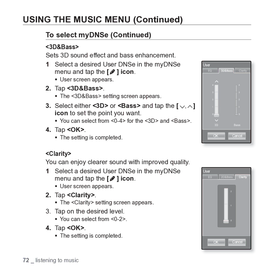 Samsung YP-P2JARY user manual Tap 3D&Bass, Tap Clarity 